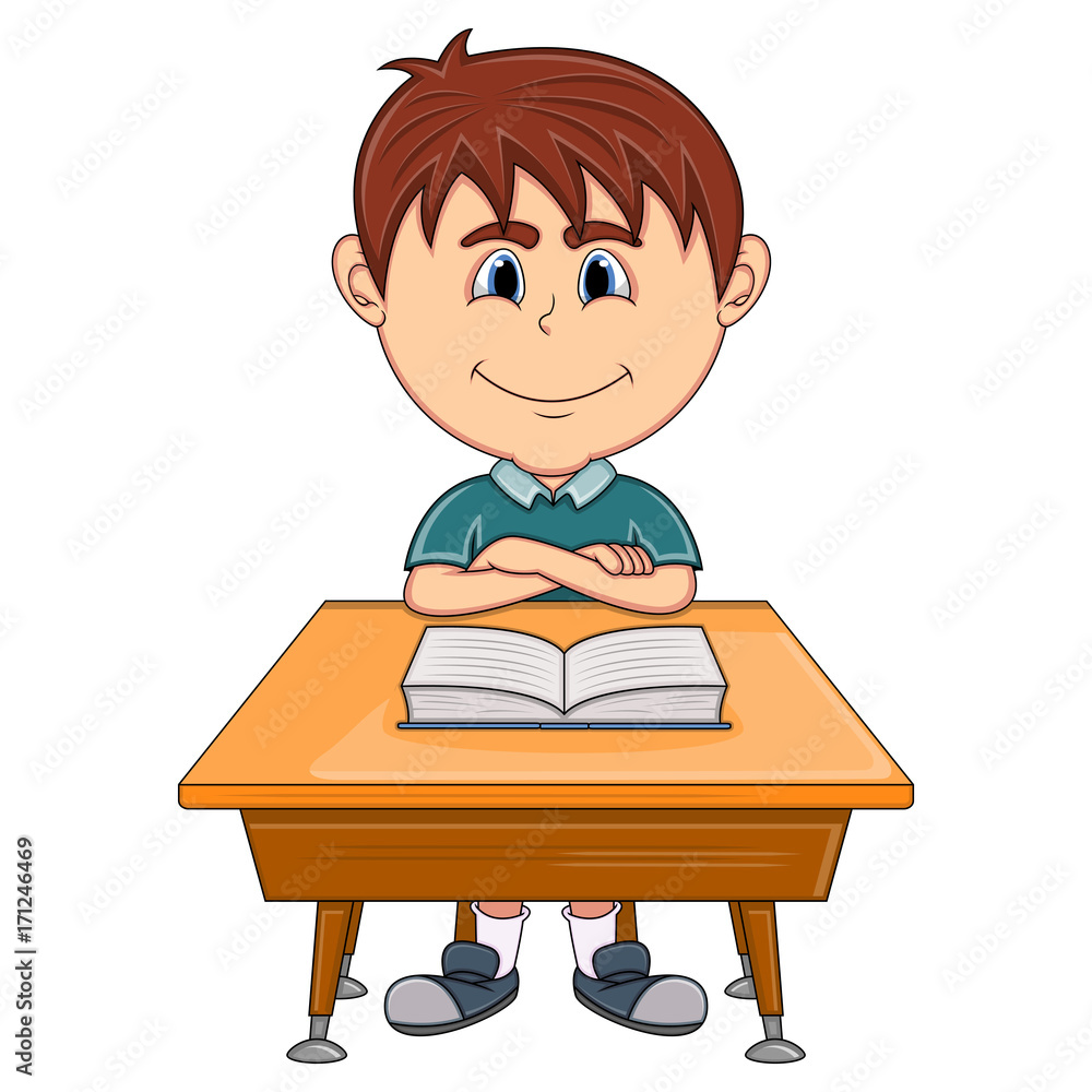 Boy studying with school table cartoon