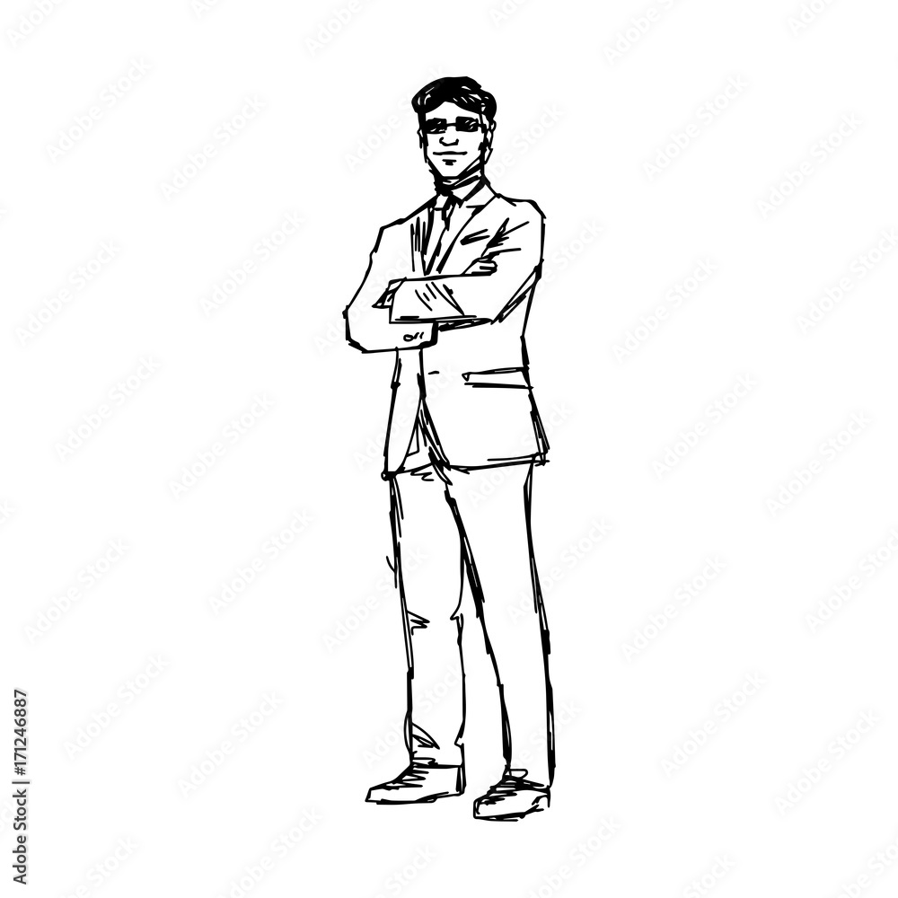 businessman standing with glasses crossing arm vector illustration sketch hand drawn with black lines, isolated on white background