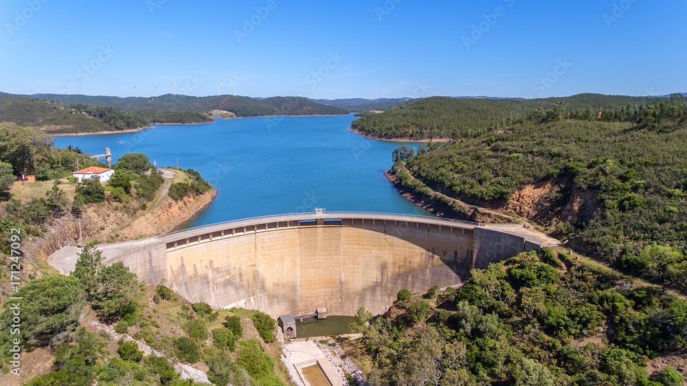 Aerial. The dam Odiaxere, Bravura water storage, in south of Portugal.