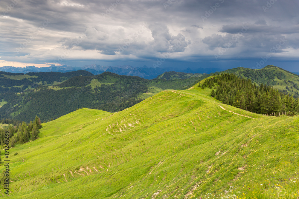 Obraz premium Bavarian Alps with mountain view and meadows in the Allgau