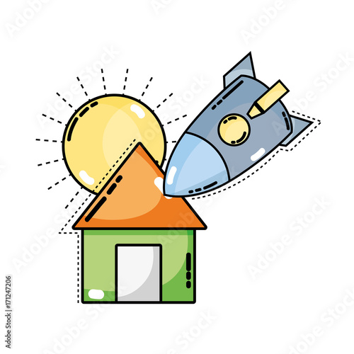 sun and rocket crashed with the roof house vector illustration