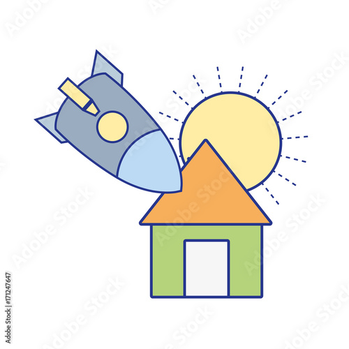 sun and rocket crashed with the roof house vector illustration