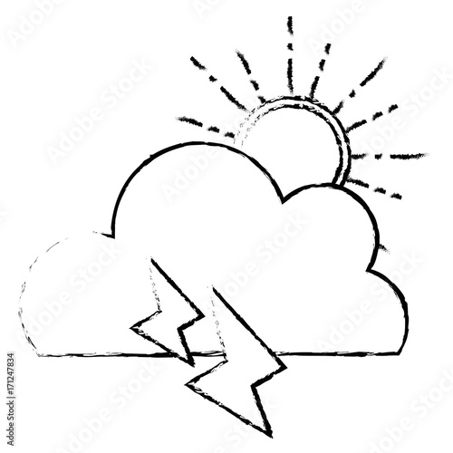 figure cute cloud with sun and thunder weather vector illustration