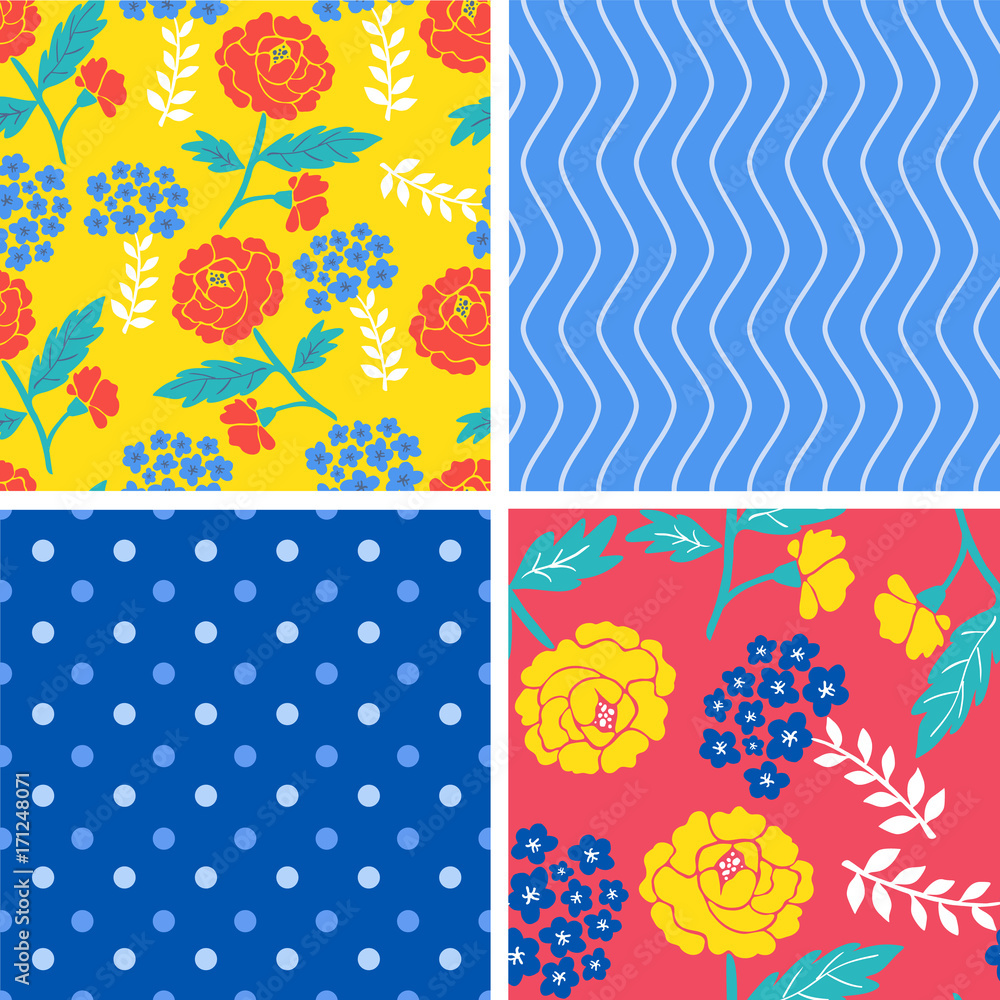 Set of bright colorful cute seamless patterns with flower, stripes and polka dot. Vector illustration