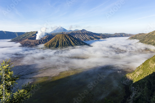 View of Mts. Bromo, Semeru, Batok and Widodaren under the blue sky in Bromo Tengger Semeru National Park, East Java, Indonesia