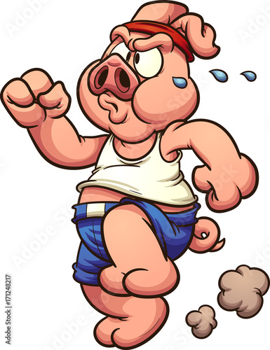 Cartoon pig exercising. Vector clip art illustration with simple gradients. All in a single layer. 