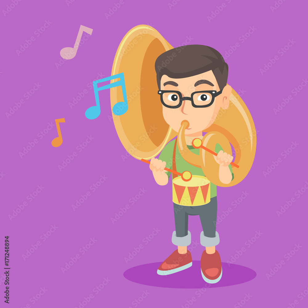 Caucasian kid playing the tuba and the drum. Little boy playing the tuba. Young cheerful boy playing the drum with drumsticks. Vector sketch cartoon illustration. Square layout. Caucasian kid playing the tuba and the drum. Little boy playing the tuba. Young cheerful boy playing the drum with drumsticks. Vector sketch cartoon illustration. Square layout.