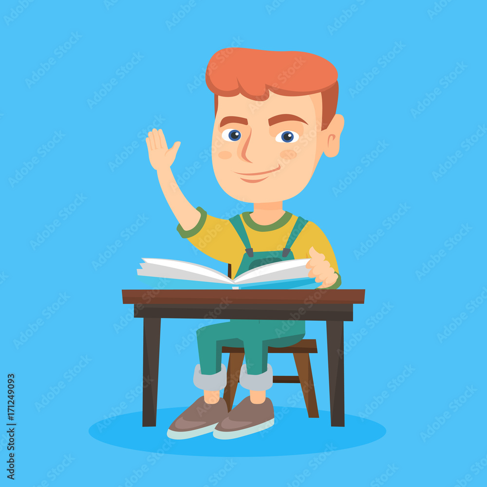 Cheerful caucasian pupil raising hand while sitting at the desk with a textbook. Happy young pupil with raised hand ready to answer a question. Vector sketch cartoon illustration. Square layout. Cheerful caucasian pupil raising hand while sitting at the desk with a textbook. Happy young pupil with raised hand ready to answer a question. Vector sketch cartoon illustration. Square layout.