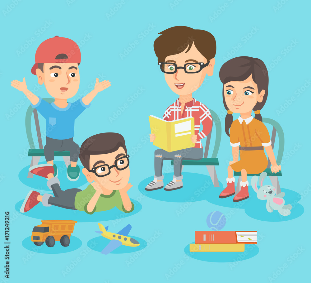 Young caucasian teacher reading a book for kids in the kindergarten. Group of children listening to a teacher reading a book in the kindergarten. Vector sketch cartoon illustration. Square layout.