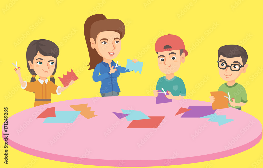 Young caucasian teacher and preschoolers using scissors to make decoration from colorful paper. Children cutting paper with scissors in preschool. Vector sketch cartoon illustration. Square layout. Young caucasian teacher and preschoolers using scissors to make decoration from colorful paper. Children cutting paper with scissors in preschool. Vector sketch cartoon illustration. Square layout.