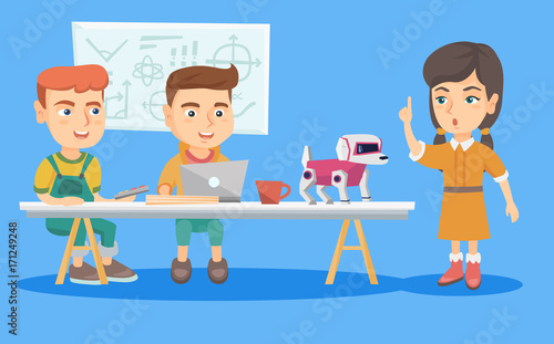 Little caucasian scientists engineering a robotic dog at science school lesson. Schoolkids using a laptop for programming a robot at tech lesson. Vector sketch cartoon illustration. Square layout.