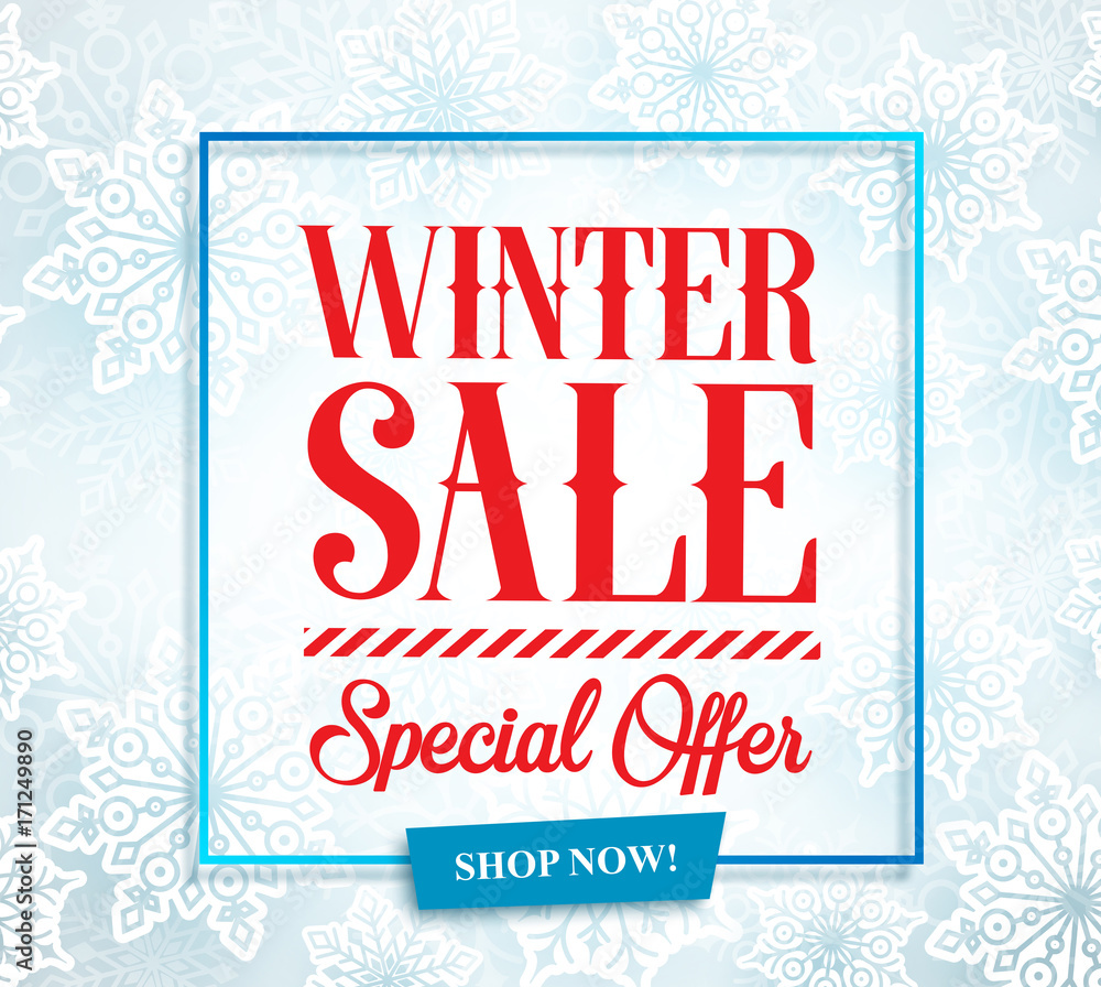 Winter sale vector banner design for season promotion with typography text and snowflakes in white background. Vector illustration.
