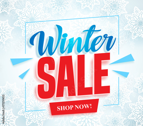 Winter sale vector banner with 3d red sale text and frame in white snow background for seasonal store promotion. Vector illustration.

