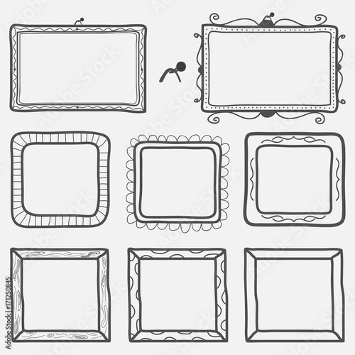 Set of hand drawn picture frames. Vector illustration.