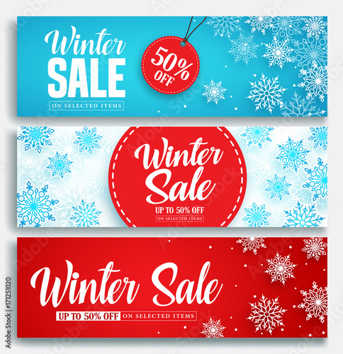 Winter sale vector banner set with discount text and snow elements in blue and red snowflakes background for marketing promotion. Vector illustration.
