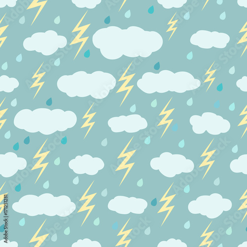 Rainy seamless pattern with clouds, lightnings and raindrops