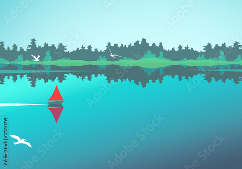 Vector landscape with lake, forest and boat