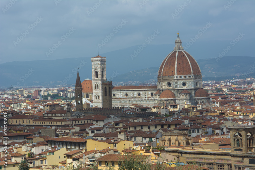 view on the dome of Santa Maria del Fiore church and old town in Florence 