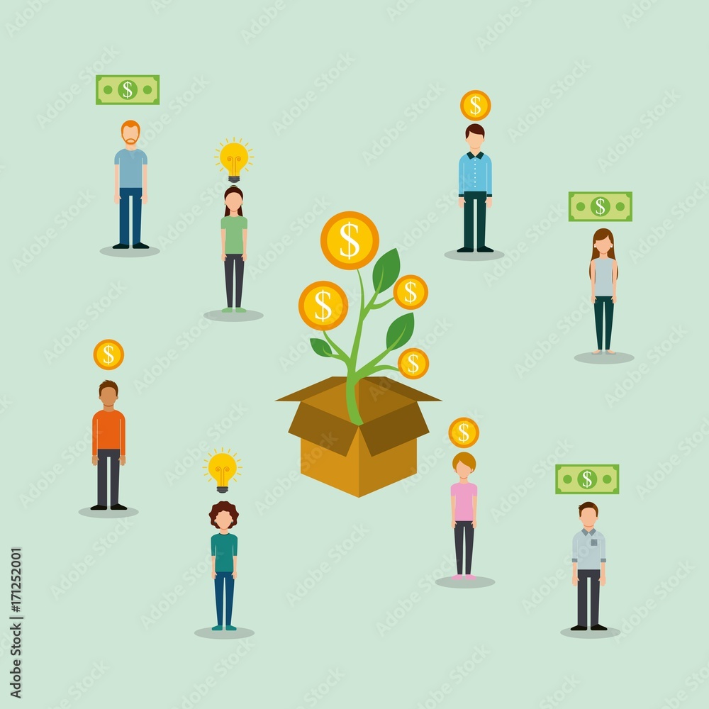 group of people money to box funding creativity process vector illustration group of people money to box funding creativity process vector illustration