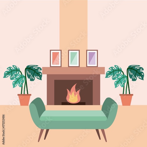 living room interior a sofa houseplants and chimney frame vector illustration