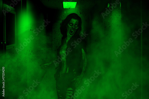 3d illustration of aggressive zombie woman,Horror background mixed media © Joelee Creative