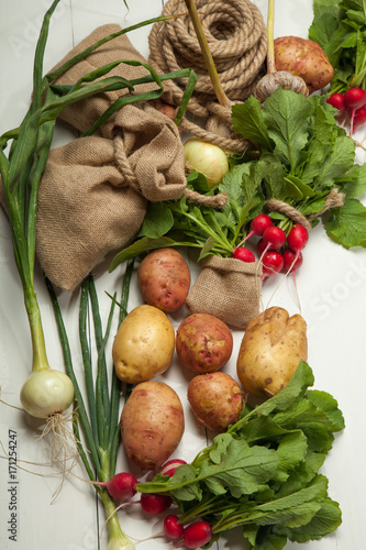 Radishes  potatoes and onions on a white wooden background