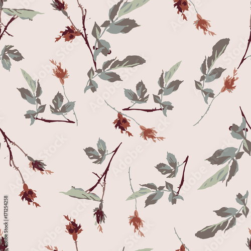 PrintRomantic Leafy Rosebud Seamless Repeat Tile - Background Pattern - Wallpaper Design - Cream / Off White Background