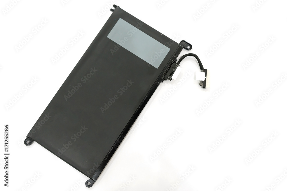 Rechargeable Li-ion battery with power plugs connector of laptop isolated on white background, Top view with copy space and Text. Rechargeable Li-ion battery with power plugs connector of laptop isolated on white background, Top view with copy space and Text.