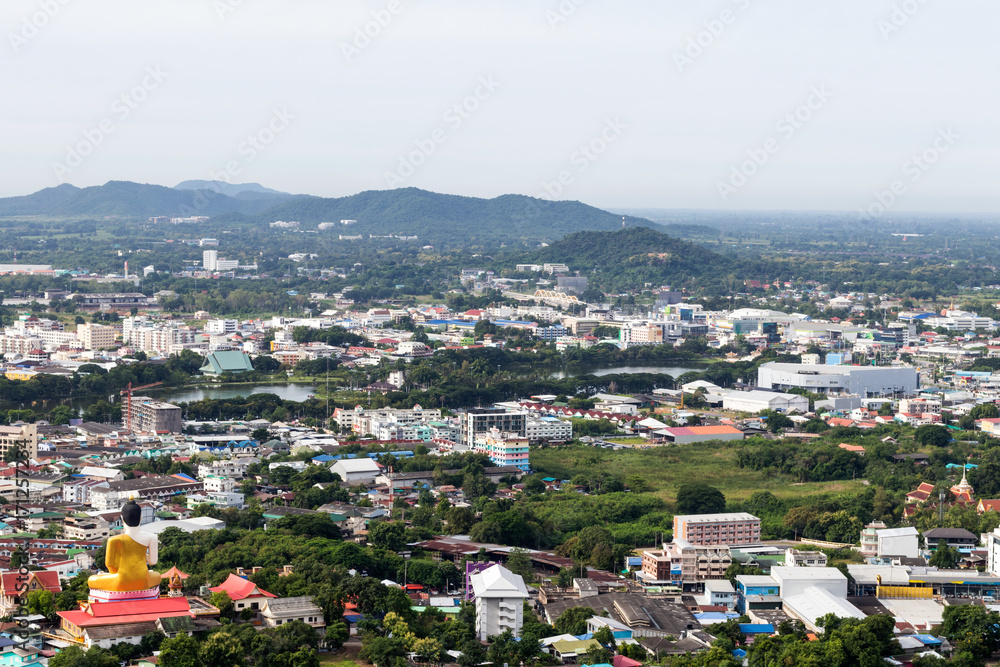 View from above city and mountain.