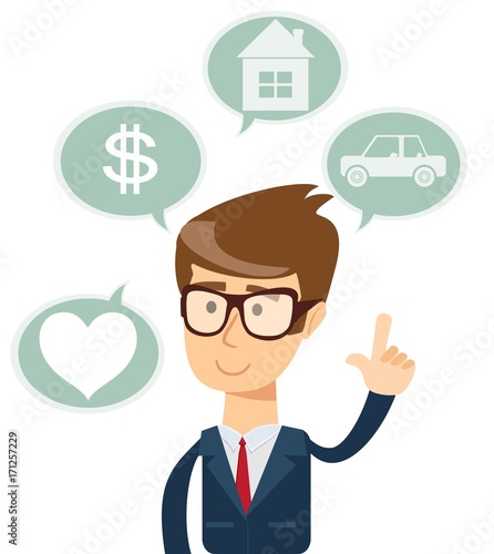 Successful business man dreaming about house, car, shopping, love. Saving and investing money. Future financial planning concept