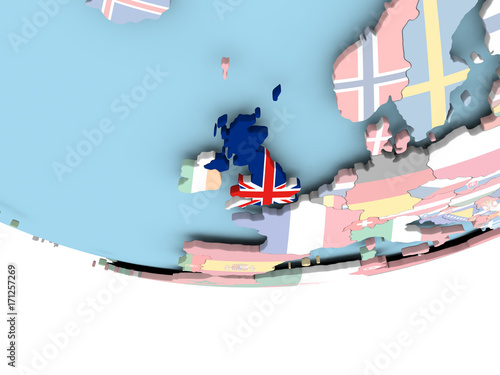 Map of United Kingdom with flag on globe