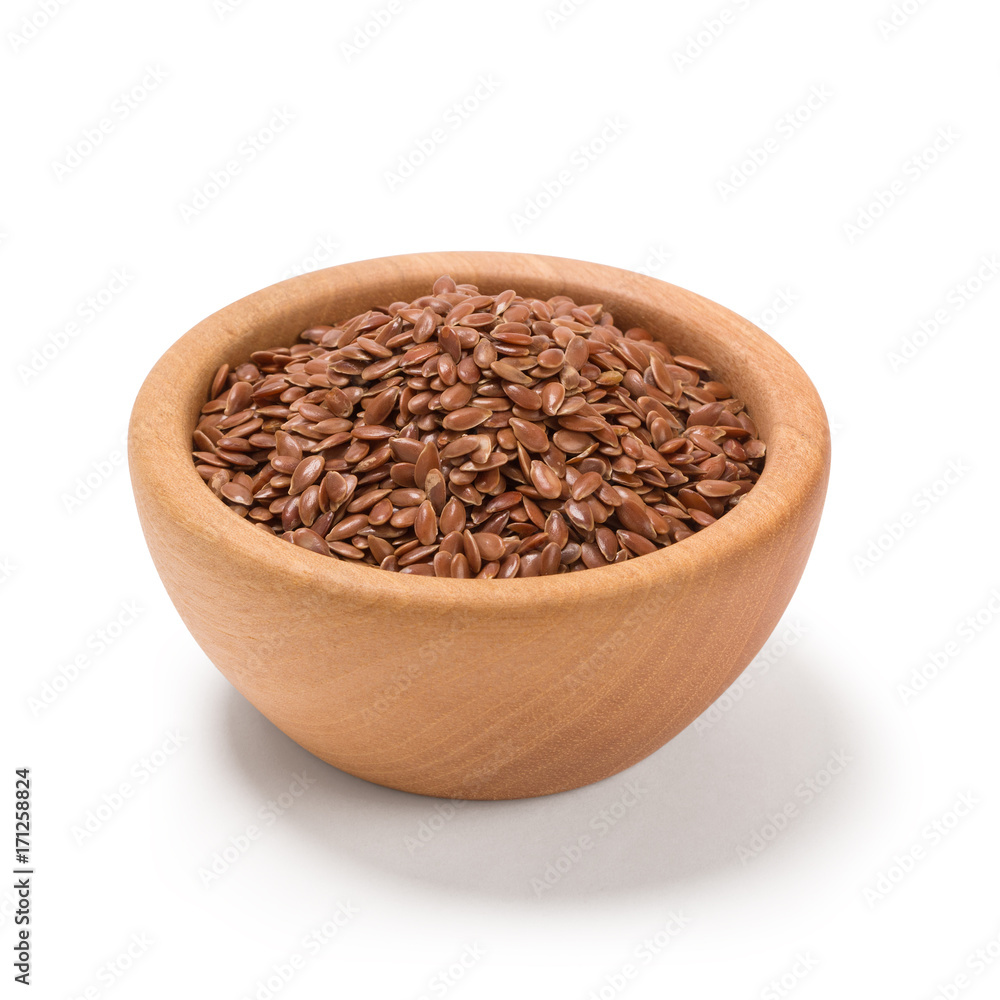 Flax seeds, Linseed, Lin seeds close-up brown flax seed or linseed in a wooden bowl, isolated on white. Flax seeds, Linseed, Lin seeds close-up brown flax seed or linseed in a wooden bowl, isolated on white.