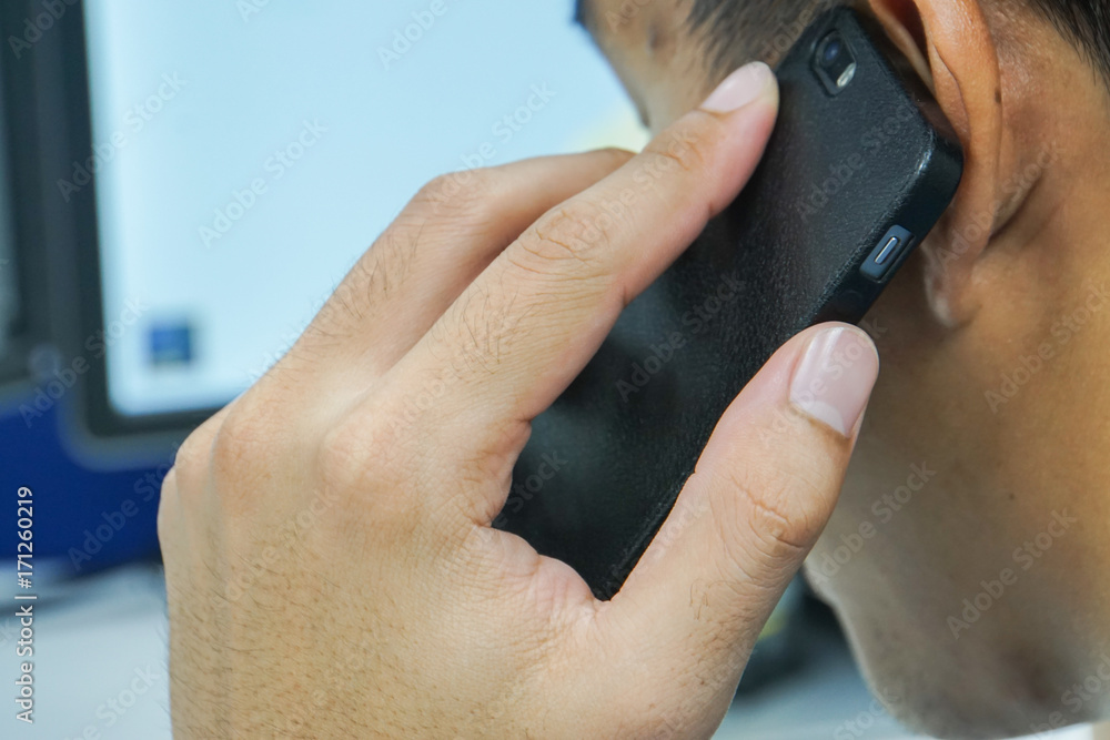 close up businessman discuss conversation on phone call