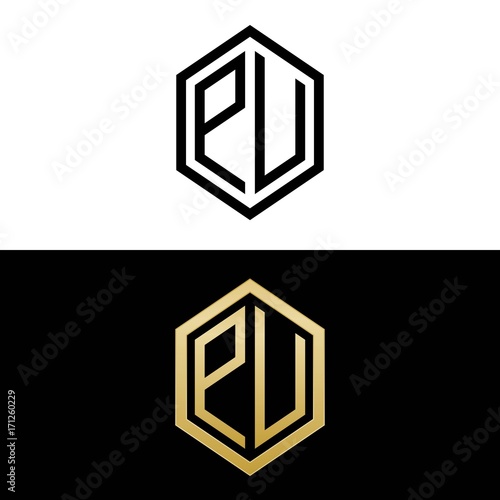 initial letters logo pu black and gold monogram hexagon shape vector