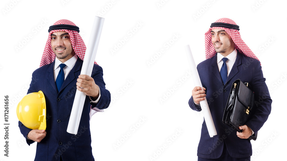 Arab engineer with drawings on white Arab engineer with drawings on white
