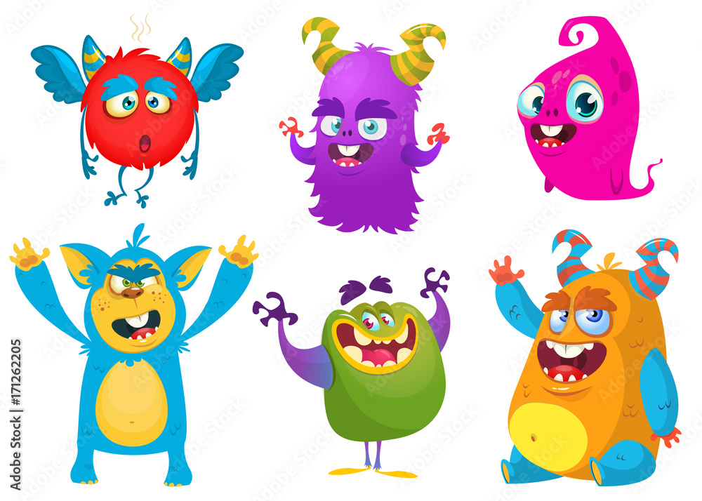 Naklejka premium Cartoon Monsters. Vector set of cartoon monsters isolated. Design for print, party decoration, t-shirt, illustration