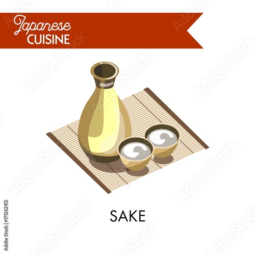 Japanese sake in bottle with small bowls on bamboo napkin