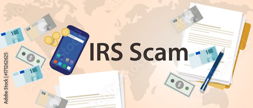 IRS tax scam via phone security fraud illustration paper and money