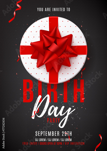 Beautiful flyer template for Birthday party. Top view on white gift box with red bow on dark backdrop. Vector illustration with confetti and serpentine. Invitation to nightclub.