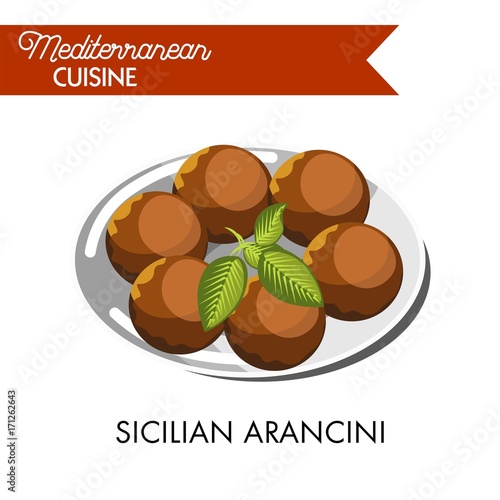 Sicilian arancini with natural herb served on shiny plate