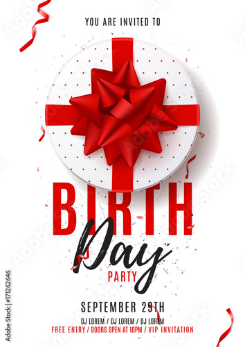 White flyer template for Birthday party. Top view on gift box with red bow on white backdrop. Vector illustration with confetti and serpentine. Invitation to nightclub.