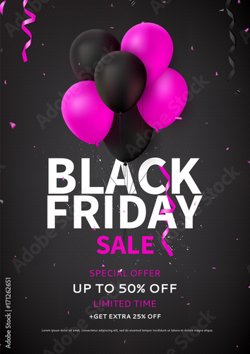 Flyer template for Black Friday sale. Dark background with pink and black balloons for seasonal discount offer. Vector illustration with confetti and serpentine.