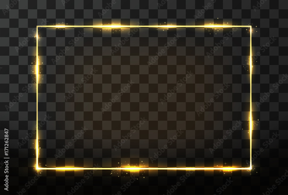 Vector golden frame with glow effect. Neon rectangle frame and glitter