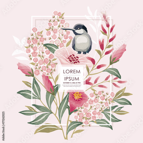  Vector illustration with a cute bird on a floral branch in spring for Wedding, anniversary, birthday and party. Design for banner, poster, card, invitation and scrapbook 	