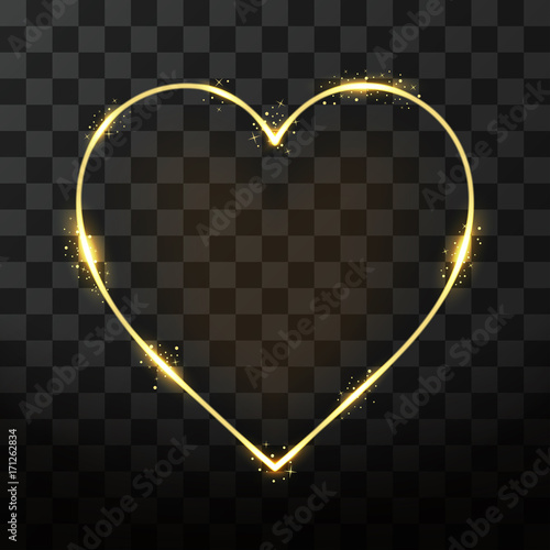 Vector neon frame in heart shape on transparent background. Golden frame