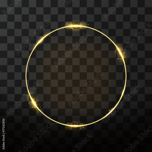 Vector golden frame with glow effect. Neon circle frame, golden ring and glitter effect on transparent background