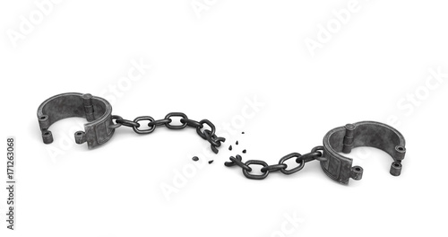 3d rendering of a pair of open metal shackles with a broken chain link on white background. photo