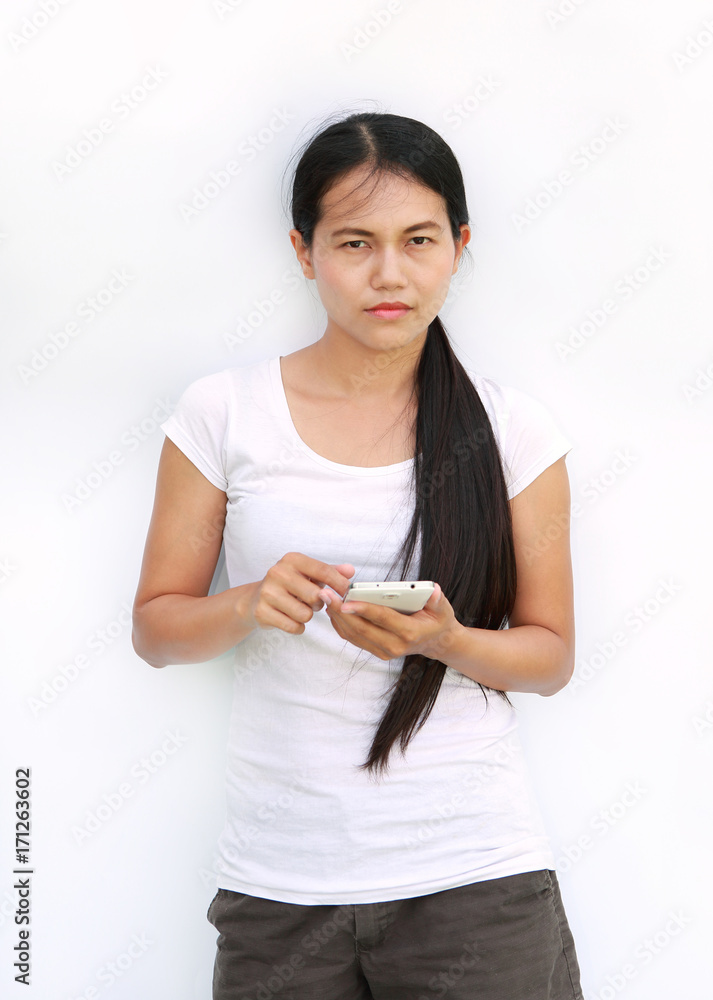 Asian woman t-shirt use of mobile phone isolated white background.
