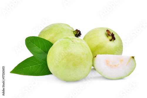 whole and half guava fruit with green leaf isolated on white background