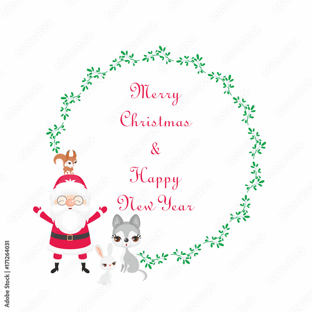 Christmas round floral frame with the image of a cute woodland animals and Santa. Vector background.